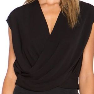 Sz L, NWOT L’Agence black silk top, natural waist cinch, cross body v neck.